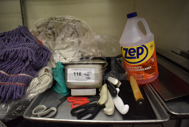 ALL ONE MONEY! Tier Lot of Various Items Including Towels and Scissors. Does Not Come w/ Mop Heads Shown In Pictures. (Kitchen) - Image 2 of 4