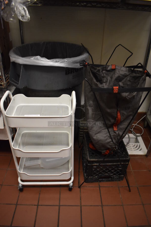 ALL ONE MONEY! Lot of Poly Brute Trash Can and White 3 Tier Rack. Does Not Include Laundry Frames. (Kitchen)