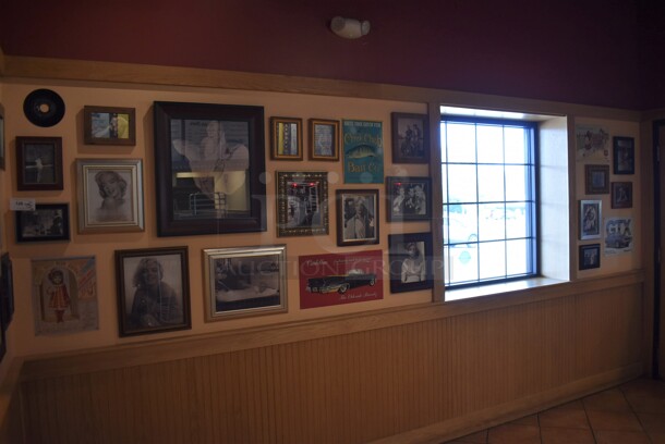 ALL ONE MONEY! Wall Lot of Various Pictures Including Marilyn Monroe and Cars. BUYER MUST REMOVE. (Lobby) - Image 1 of 6
