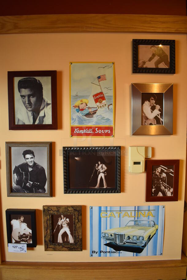 ALL ONE MONEY! Wall Lot of Various Pictures Including Elvis and Car. BUYER MUST REMOVE. (Lobby)