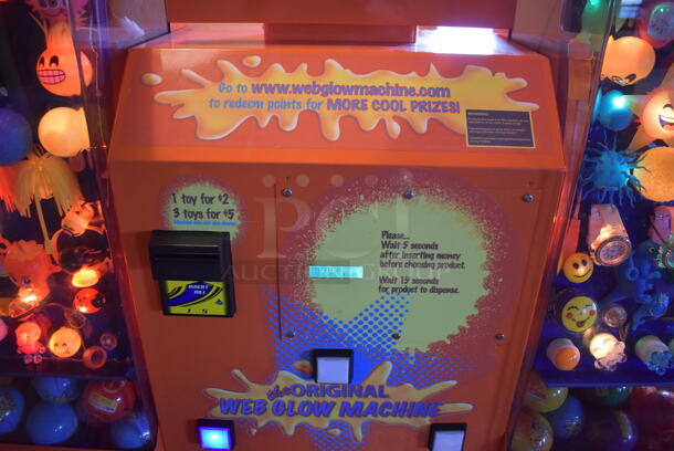VTail Metal Commercial Floor Style Web Glow Toy Vending Machine on Commercial Casters. Comes w/ Box of Extra Toys. Unit Was In Working Condition When Restaurant Closed. BUYER MUST REMOVE. (Dining Room) - Image 8 of 12