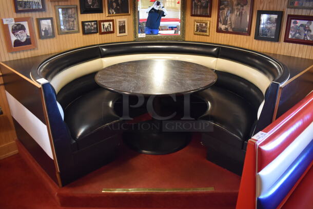 Black and White C Shaped Single Side Booth Seat w/ Gray Round Table. 93x86x36, 48x48x30. BUYER MUST REMOVE. (Dining Room)