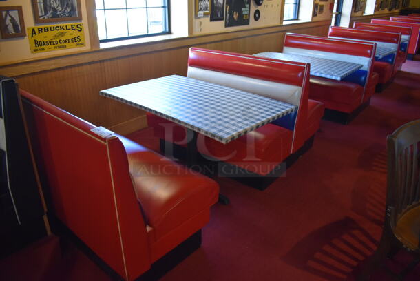 ALL ONE MONEY! Lot of 2 Red, Blue and White Single Sided Booth Seats, 3 Red, Blue and White Double Sided Booth Seat and 4 Tables. 26x46x36, 49x46x36, 30x48x28. BUYER MUST REMOVE. (Dining Room) - Image 1 of 11