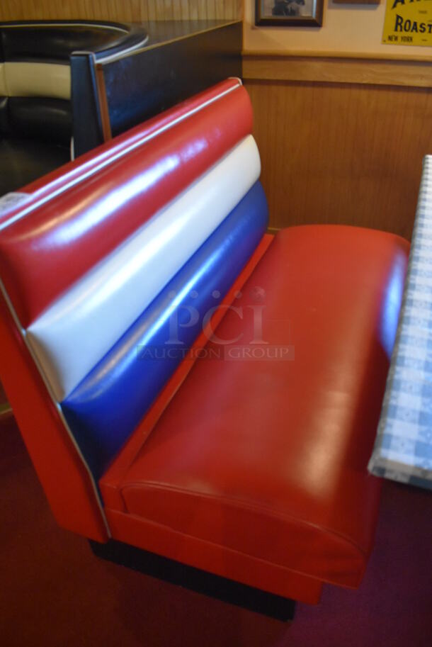 ALL ONE MONEY! Lot of 2 Red, Blue and White Single Sided Booth Seats, 3 Red, Blue and White Double Sided Booth Seat and 4 Tables. 26x46x36, 49x46x36, 30x48x28. BUYER MUST REMOVE. (Dining Room) - Image 2 of 11