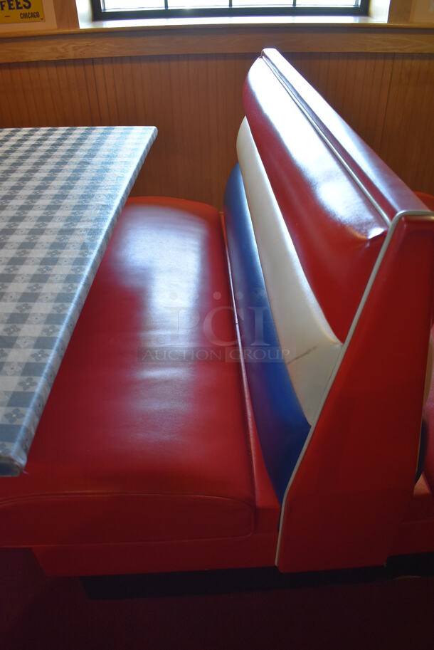 ALL ONE MONEY! Lot of 2 Red, Blue and White Single Sided Booth Seats, 3 Red, Blue and White Double Sided Booth Seat and 4 Tables. 26x46x36, 49x46x36, 30x48x28. BUYER MUST REMOVE. (Dining Room) - Image 3 of 11