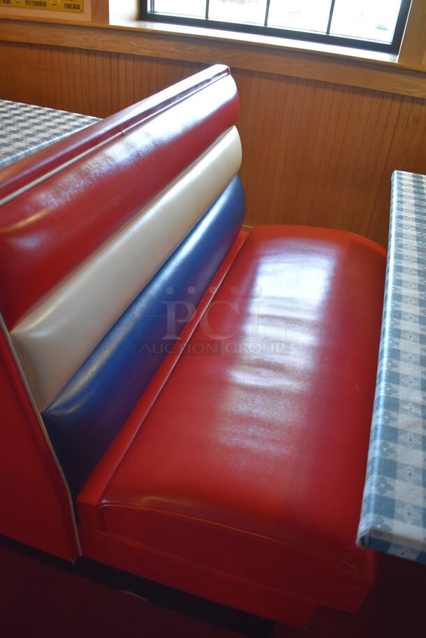 ALL ONE MONEY! Lot of 2 Red, Blue and White Single Sided Booth Seats, 3 Red, Blue and White Double Sided Booth Seat and 4 Tables. 26x46x36, 49x46x36, 30x48x28. BUYER MUST REMOVE. (Dining Room) - Image 4 of 11