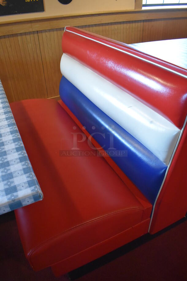 ALL ONE MONEY! Lot of 2 Red, Blue and White Single Sided Booth Seats, 3 Red, Blue and White Double Sided Booth Seat and 4 Tables. 26x46x36, 49x46x36, 30x48x28. BUYER MUST REMOVE. (Dining Room) - Image 5 of 11