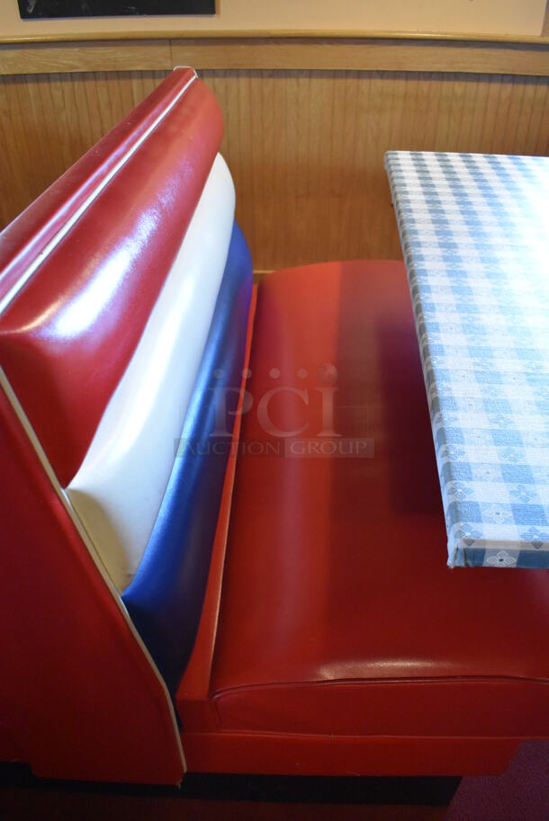 ALL ONE MONEY! Lot of 2 Red, Blue and White Single Sided Booth Seats, 3 Red, Blue and White Double Sided Booth Seat and 4 Tables. 26x46x36, 49x46x36, 30x48x28. BUYER MUST REMOVE. (Dining Room) - Image 6 of 11