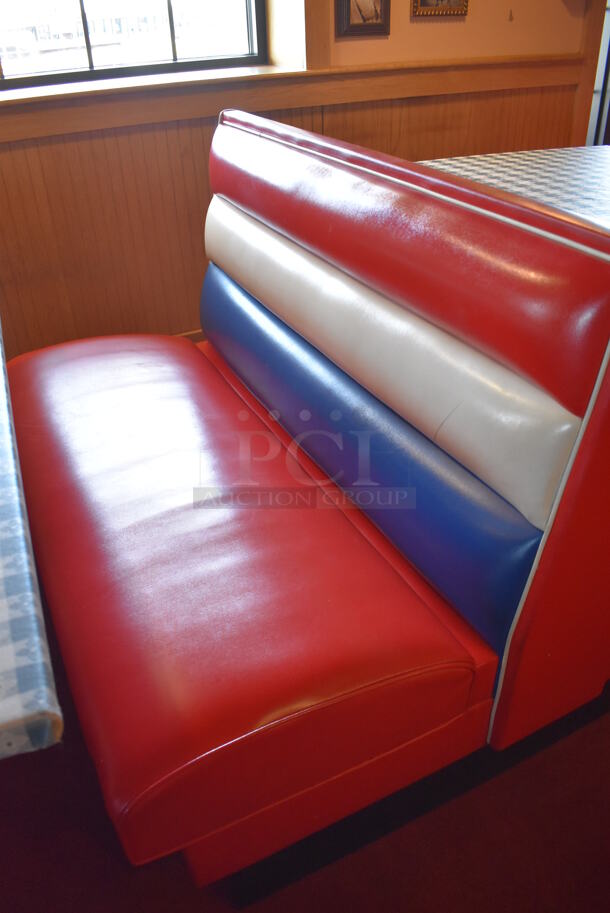 ALL ONE MONEY! Lot of 2 Red, Blue and White Single Sided Booth Seats, 3 Red, Blue and White Double Sided Booth Seat and 4 Tables. 26x46x36, 49x46x36, 30x48x28. BUYER MUST REMOVE. (Dining Room) - Image 7 of 11