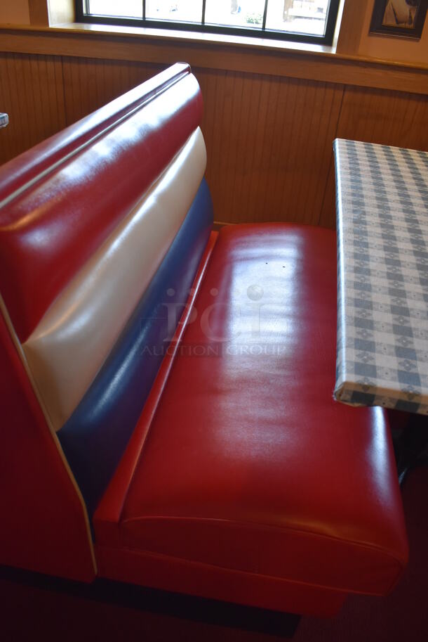 ALL ONE MONEY! Lot of 2 Red, Blue and White Single Sided Booth Seats, 3 Red, Blue and White Double Sided Booth Seat and 4 Tables. 26x46x36, 49x46x36, 30x48x28. BUYER MUST REMOVE. (Dining Room) - Image 8 of 11