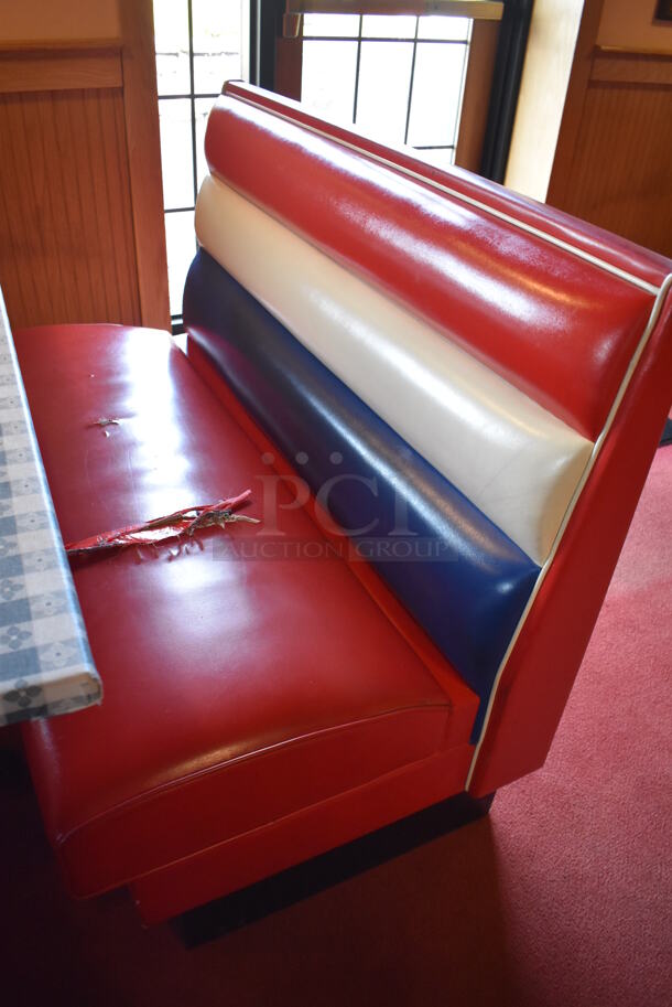 ALL ONE MONEY! Lot of 2 Red, Blue and White Single Sided Booth Seats, 3 Red, Blue and White Double Sided Booth Seat and 4 Tables. 26x46x36, 49x46x36, 30x48x28. BUYER MUST REMOVE. (Dining Room) - Image 9 of 11