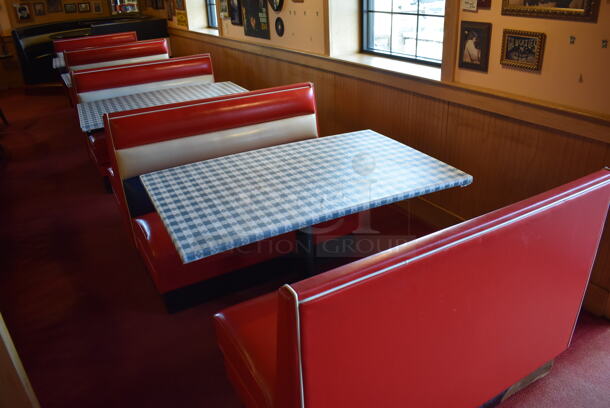 ALL ONE MONEY! Lot of 2 Red, Blue and White Single Sided Booth Seats, 3 Red, Blue and White Double Sided Booth Seat and 4 Tables. 26x46x36, 49x46x36, 30x48x28. BUYER MUST REMOVE. (Dining Room) - Image 11 of 11