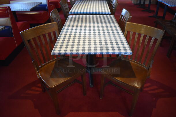 Table w/ Table Cloth on Black Metal Table Base and 4 Wooden Dining Chairs. Stock Picture - Cosmetic Condition May Vary. 48x48x30, 18x16x36. (Dining Room) - Image 3 of 5