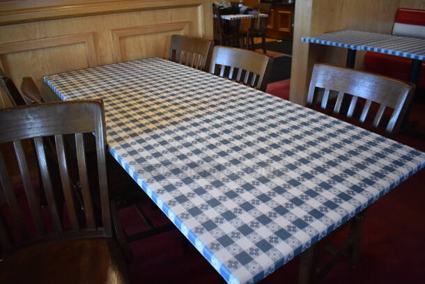 Table w/ Table Cloth on Black Metal Table Base and 6 Wooden Dining Chairs. Stock Picture - Cosmetic Condition May Vary. 30x72x28, 18x16x36. (Dining Room) - Image 3 of 5