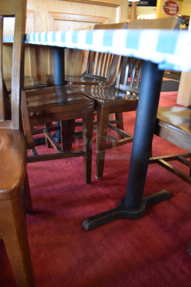 Table w/ Table Cloth on Black Metal Table Base and 6 Wooden Dining Chairs. Stock Picture - Cosmetic Condition May Vary. 30x72x28, 18x16x36. (Dining Room) - Image 4 of 5