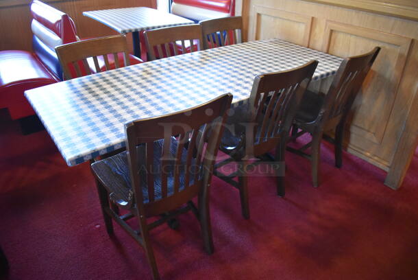 Table w/ Table Cloth on Black Metal Table Base and 6 Wooden Dining Chairs. Stock Picture - Cosmetic Condition May Vary. 30x72x28, 18x16x36. (Dining Room) - Image 5 of 5