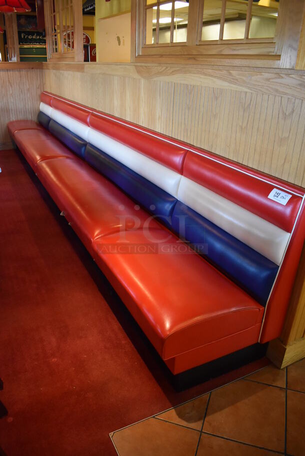 Row of Red, Blue and White Single Sided Booth Seat. BUYER MUST REMOVE. (Dining Room)
