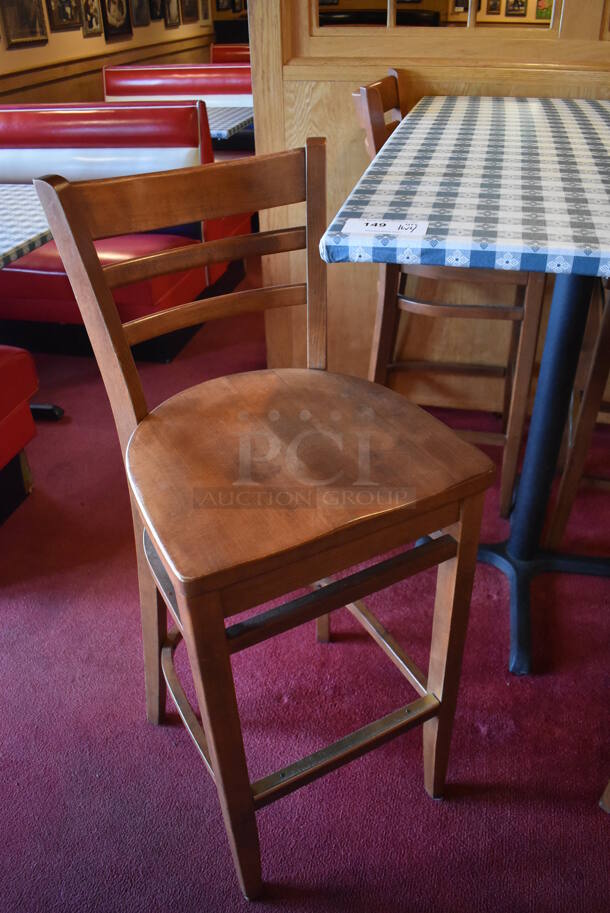 Bar Height Table w/ Table Cloth on Black Metal Table Base and 4 Wooden Bar Height Chairs. Stock Picture - Cosmetic Condition May Vary. 30x48x41, 17x16x44. (Dining Room)

 - Image 2 of 5