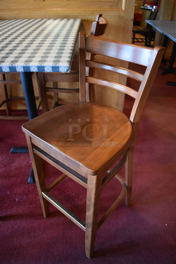 Bar Height Table w/ Table Cloth on Black Metal Table Base and 4 Wooden Bar Height Chairs. Stock Picture - Cosmetic Condition May Vary. 30x48x41, 17x16x44. (Dining Room)

 - Image 3 of 5