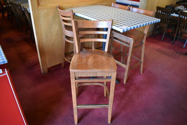 Bar Height Table w/ Table Cloth on Black Metal Table Base and 4 Wooden Bar Height Chairs. Stock Picture - Cosmetic Condition May Vary. 30x48x41, 17x16x44. (Dining Room)

 - Image 4 of 5