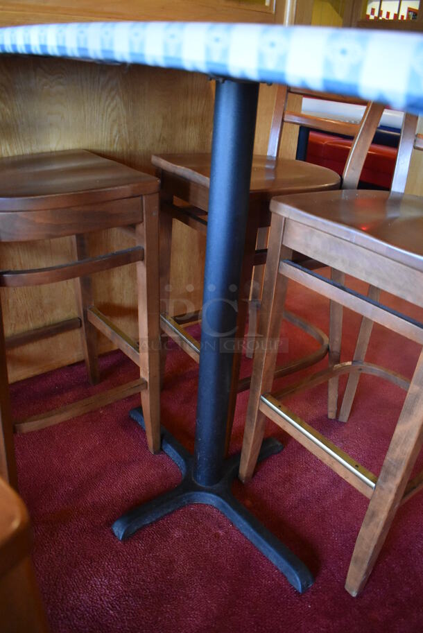 Bar Height Table w/ Table Cloth on Black Metal Table Base and 4 Wooden Bar Height Chairs. Stock Picture - Cosmetic Condition May Vary. 30x48x41, 17x16x44. (Dining Room)

 - Image 5 of 5