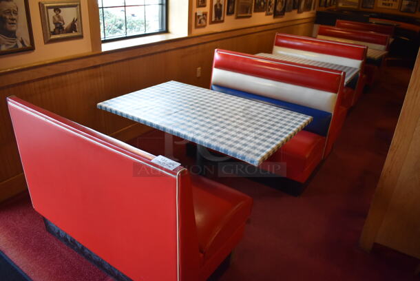 ALL ONE MONEY! Lot of 2 Red, Blue and White Single Sided Booth Seats, 3 Red, Blue and White Double Sided Booth Seat and 4 Tables. 26x46x36, 49x46x36, 30x48x28. BUYER MUST REMOVE. (Dining Room)
