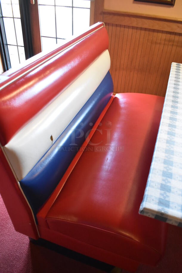 ALL ONE MONEY! Lot of 2 Red, Blue and White Single Sided Booth Seats, 3 Red, Blue and White Double Sided Booth Seat and 4 Tables. 26x46x36, 49x46x36, 30x48x28. BUYER MUST REMOVE. (Dining Room) - Image 2 of 12