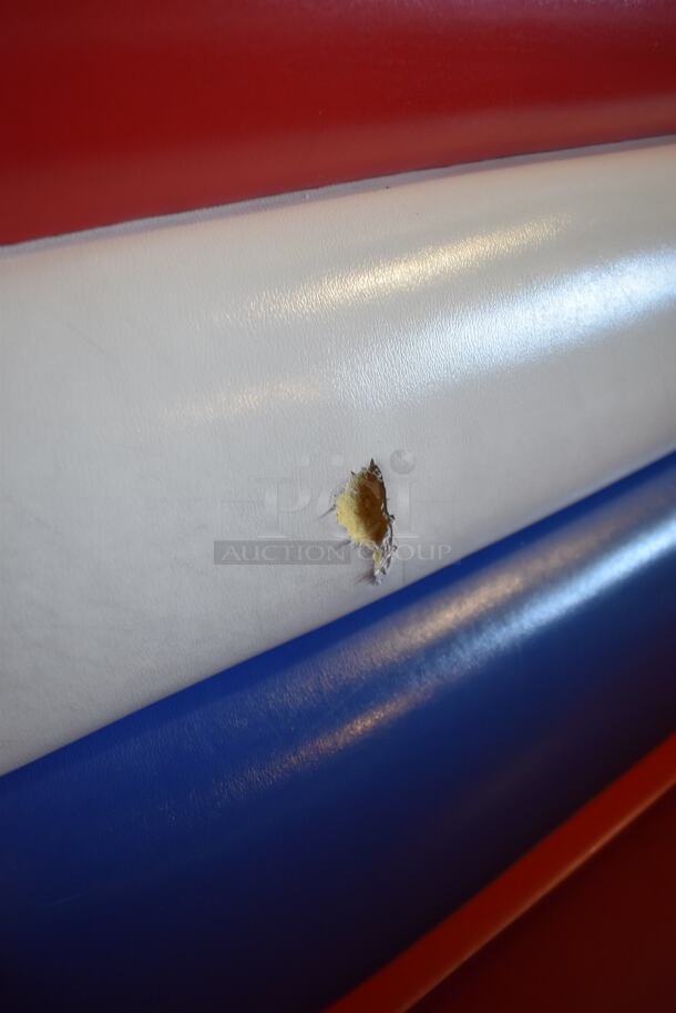 ALL ONE MONEY! Lot of 2 Red, Blue and White Single Sided Booth Seats, 3 Red, Blue and White Double Sided Booth Seat and 4 Tables. 26x46x36, 49x46x36, 30x48x28. BUYER MUST REMOVE. (Dining Room) - Image 3 of 12