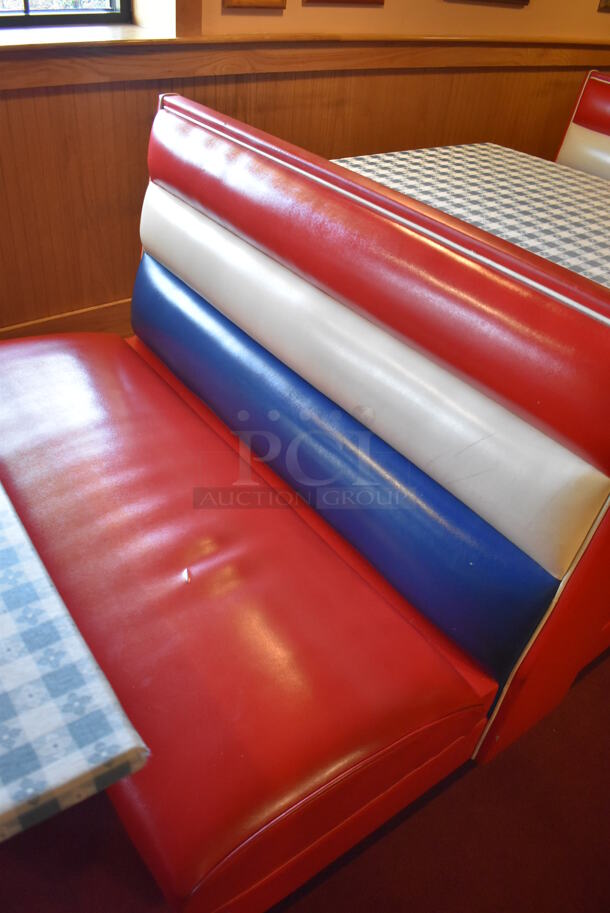 ALL ONE MONEY! Lot of 2 Red, Blue and White Single Sided Booth Seats, 3 Red, Blue and White Double Sided Booth Seat and 4 Tables. 26x46x36, 49x46x36, 30x48x28. BUYER MUST REMOVE. (Dining Room) - Image 4 of 12