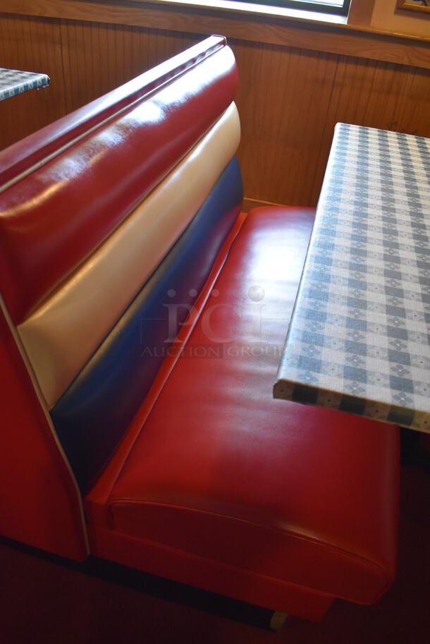 ALL ONE MONEY! Lot of 2 Red, Blue and White Single Sided Booth Seats, 3 Red, Blue and White Double Sided Booth Seat and 4 Tables. 26x46x36, 49x46x36, 30x48x28. BUYER MUST REMOVE. (Dining Room) - Image 6 of 12
