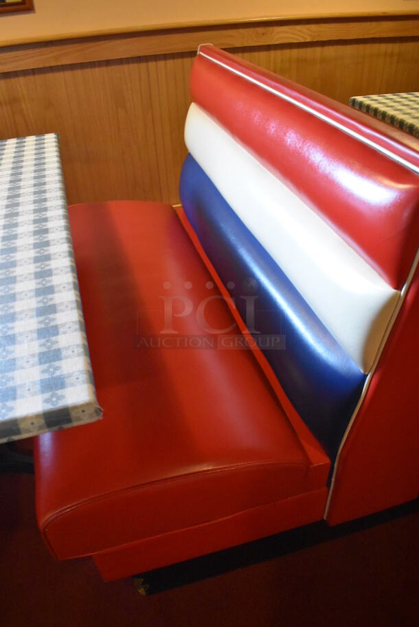 ALL ONE MONEY! Lot of 2 Red, Blue and White Single Sided Booth Seats, 3 Red, Blue and White Double Sided Booth Seat and 4 Tables. 26x46x36, 49x46x36, 30x48x28. BUYER MUST REMOVE. (Dining Room) - Image 7 of 12