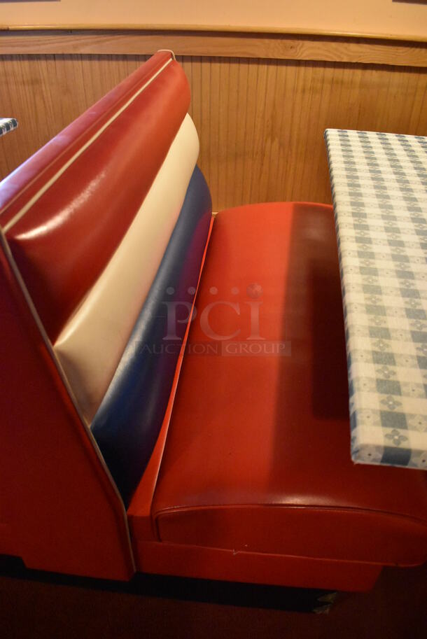 ALL ONE MONEY! Lot of 2 Red, Blue and White Single Sided Booth Seats, 3 Red, Blue and White Double Sided Booth Seat and 4 Tables. 26x46x36, 49x46x36, 30x48x28. BUYER MUST REMOVE. (Dining Room) - Image 8 of 12
