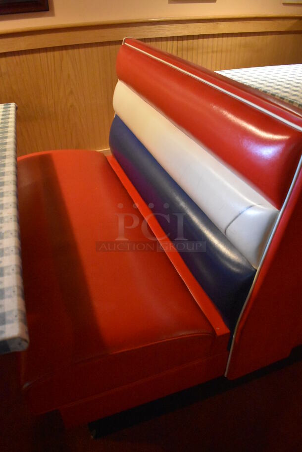 ALL ONE MONEY! Lot of 2 Red, Blue and White Single Sided Booth Seats, 3 Red, Blue and White Double Sided Booth Seat and 4 Tables. 26x46x36, 49x46x36, 30x48x28. BUYER MUST REMOVE. (Dining Room) - Image 9 of 12