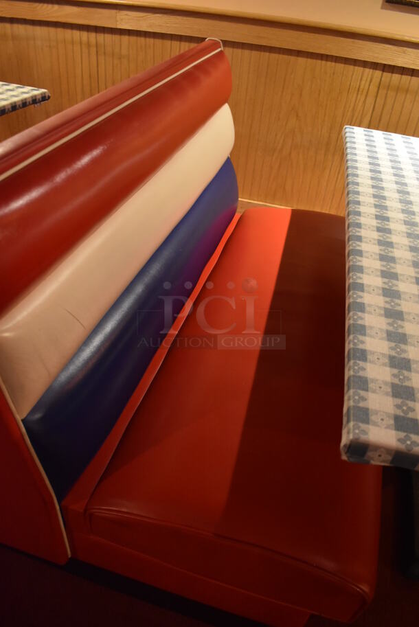 ALL ONE MONEY! Lot of 2 Red, Blue and White Single Sided Booth Seats, 3 Red, Blue and White Double Sided Booth Seat and 4 Tables. 26x46x36, 49x46x36, 30x48x28. BUYER MUST REMOVE. (Dining Room) - Image 10 of 12