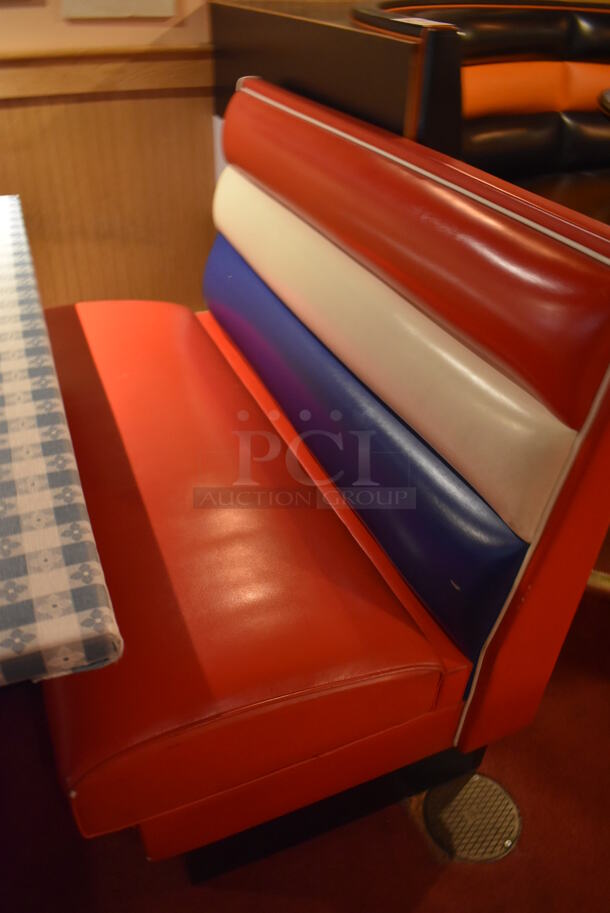 ALL ONE MONEY! Lot of 2 Red, Blue and White Single Sided Booth Seats, 3 Red, Blue and White Double Sided Booth Seat and 4 Tables. 26x46x36, 49x46x36, 30x48x28. BUYER MUST REMOVE. (Dining Room) - Image 11 of 12