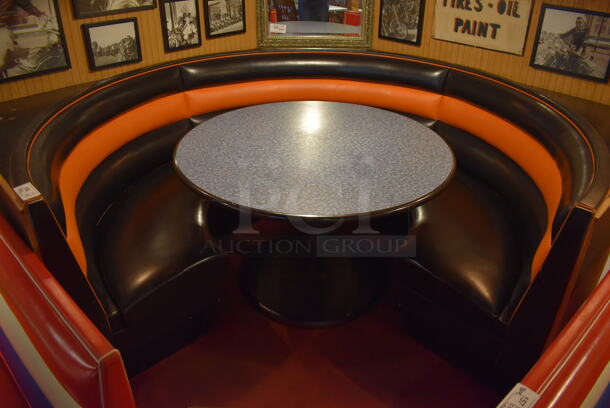 Black and Orange C Shaped Single Side Booth Seat w/ Gray Round Table. 93x86x36, 48x48x30. BUYER MUST REMOVE. (Dining Room)