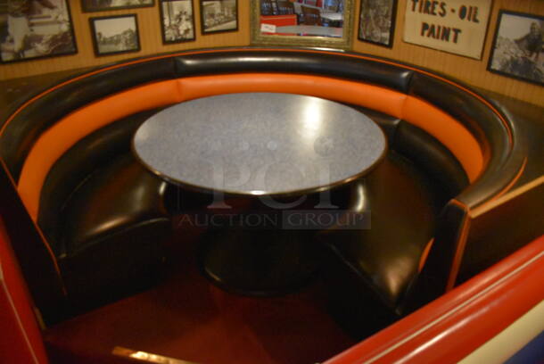 Black and Orange C Shaped Single Side Booth Seat w/ Gray Round Table. 93x86x36, 48x48x30. BUYER MUST REMOVE. (Dining Room) - Image 2 of 6