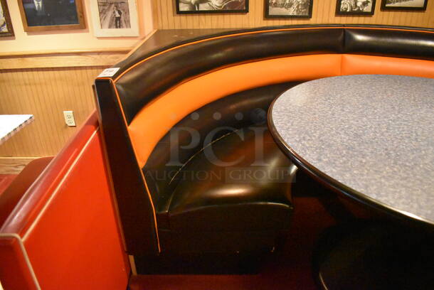 Black and Orange C Shaped Single Side Booth Seat w/ Gray Round Table. 93x86x36, 48x48x30. BUYER MUST REMOVE. (Dining Room) - Image 4 of 6