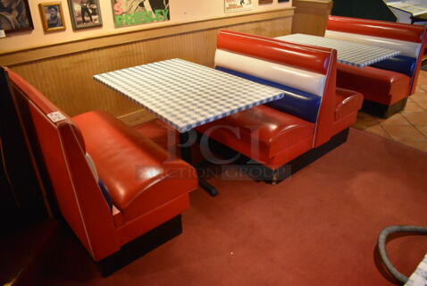 ALL ONE MONEY! Lot of 2 Red, Blue and White Single Sided Booth Seats, 1 Red, Blue and White Double Sided Booth Seat and 2 Tables. 26x46x36, 49x46x36, 30x48x28. BUYER MUST REMOVE. (Dining Room)