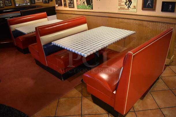 ALL ONE MONEY! Lot of 2 Red, Blue and White Single Sided Booth Seats, 1 Red, Blue and White Double Sided Booth Seat and 2 Tables. 26x46x36, 49x46x36, 30x48x28. BUYER MUST REMOVE. (Dining Room) - Image 2 of 7