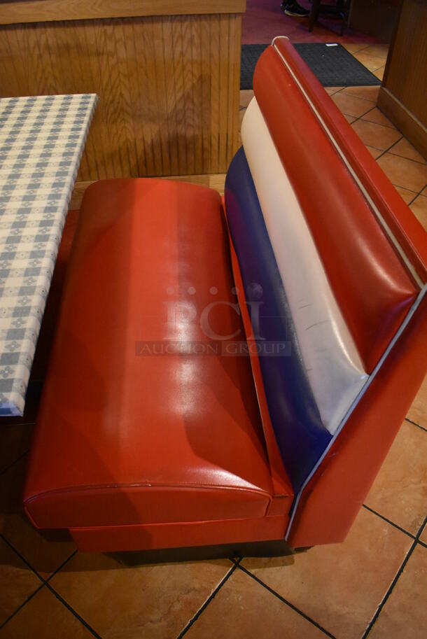 ALL ONE MONEY! Lot of 2 Red, Blue and White Single Sided Booth Seats, 1 Red, Blue and White Double Sided Booth Seat and 2 Tables. 26x46x36, 49x46x36, 30x48x28. BUYER MUST REMOVE. (Dining Room) - Image 3 of 7