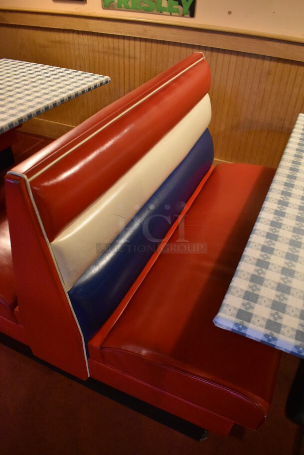 ALL ONE MONEY! Lot of 2 Red, Blue and White Single Sided Booth Seats, 1 Red, Blue and White Double Sided Booth Seat and 2 Tables. 26x46x36, 49x46x36, 30x48x28. BUYER MUST REMOVE. (Dining Room) - Image 4 of 7