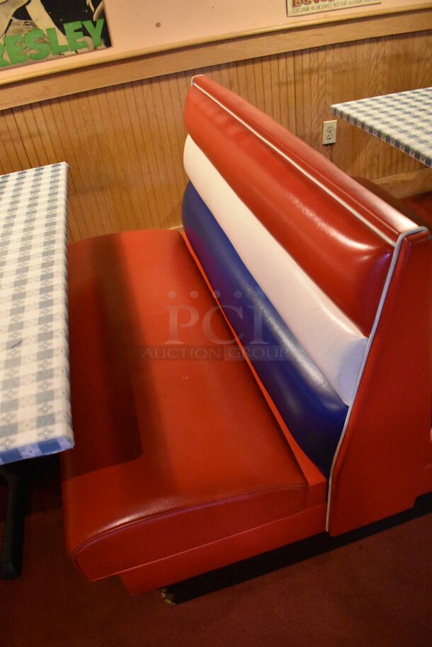 ALL ONE MONEY! Lot of 2 Red, Blue and White Single Sided Booth Seats, 1 Red, Blue and White Double Sided Booth Seat and 2 Tables. 26x46x36, 49x46x36, 30x48x28. BUYER MUST REMOVE. (Dining Room) - Image 5 of 7