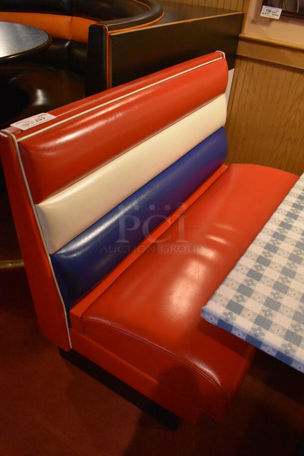 ALL ONE MONEY! Lot of 2 Red, Blue and White Single Sided Booth Seats, 1 Red, Blue and White Double Sided Booth Seat and 2 Tables. 26x46x36, 49x46x36, 30x48x28. BUYER MUST REMOVE. (Dining Room) - Image 7 of 7