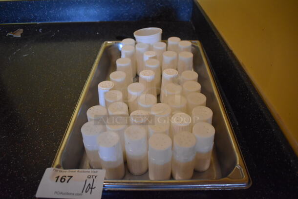 ALL ONE MONEY! Lot of White Poly Salt Shakers in Full Size Stainless Steel Drop In Bin. (Dining Room) - Image 1 of 3