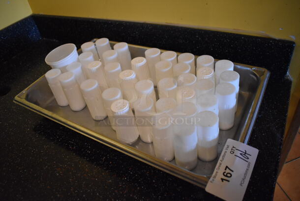 ALL ONE MONEY! Lot of White Poly Salt Shakers in Full Size Stainless Steel Drop In Bin. (Dining Room) - Image 2 of 3