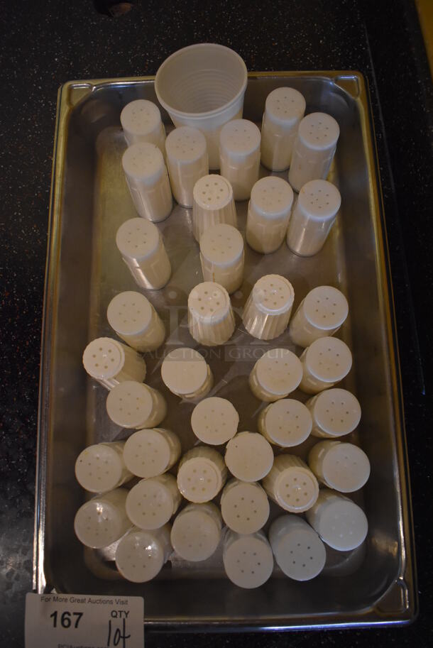 ALL ONE MONEY! Lot of White Poly Salt Shakers in Full Size Stainless Steel Drop In Bin. (Dining Room) - Image 3 of 3