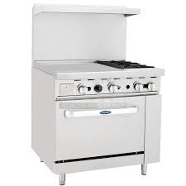 BRAND NEW! Cook Rite ATO-24G2B Stainless Steel Commercial Natural Gas Powered Flat Top Griddle w/ 2 Burner Range, Oven, Back Splash and Over Shelf. Stock Picture Used For Gallery Picture. 36x31x31