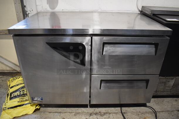 Turbo Air TUR-48SD-D2 Stainless Steel Commercial 1 Door w/ 2 Drawers Work Top Cooler on Commercial Casters. 115 Volts, 1 Phase. 48x30x34. Tested and Working!