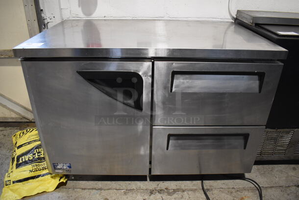Turbo Air TUR-48SD-D2 Stainless Steel Commercial 1 Door w/ 2 Drawers Work Top Cooler on Commercial Casters. 115 Volts, 1 Phase. 48x30x34. Tested and Working! - Image 1 of 5